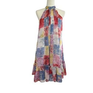 New Feeling Patchwork Floral Sleeveless High Neck halter Dress Sz S Ruffled Hem‎
